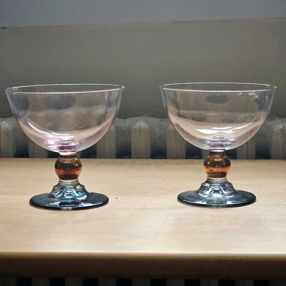 Vintage MCM Blush & Smoke Art Deco Glass Cocktail Coupes – Set of 2